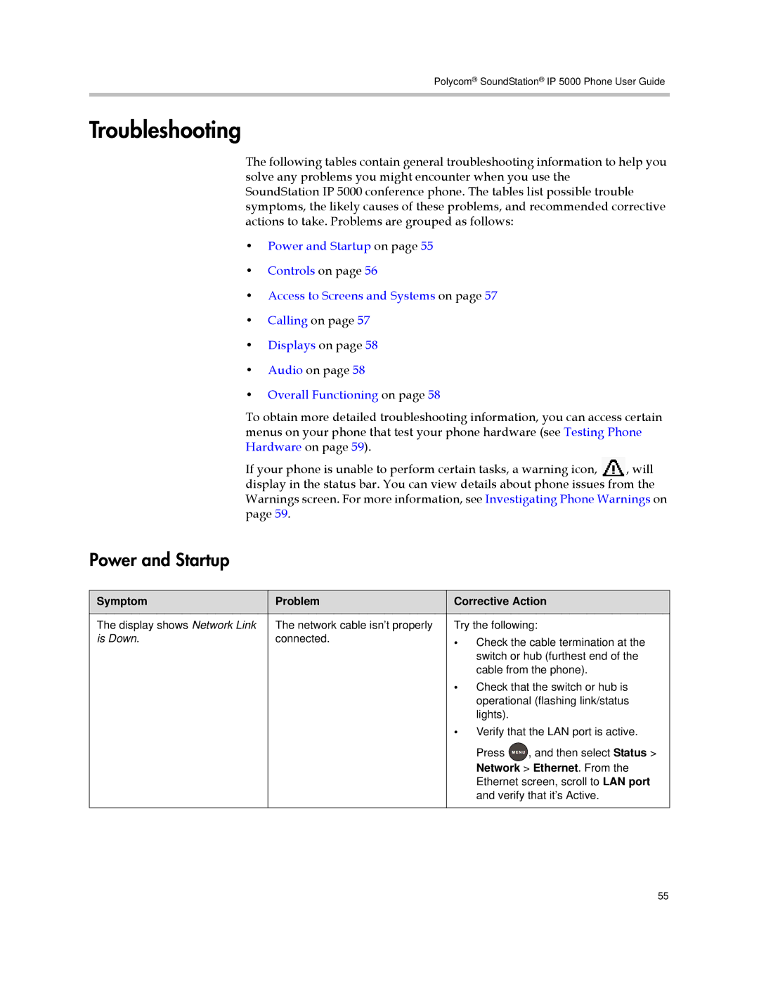 Polycom IP 5000 manual Troubleshooting, Power and Startup, Symptom Problem Corrective Action, Network Ethernet. From 