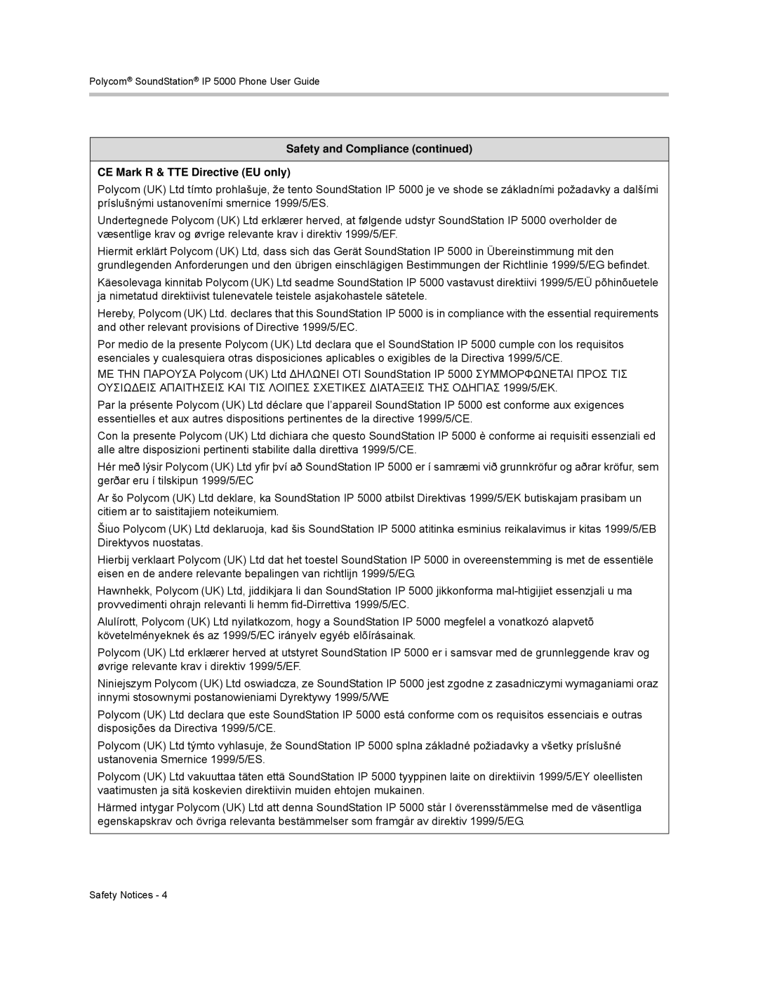 Polycom IP 5000 manual Safety and Compliance CE Mark R & TTE Directive EU only 