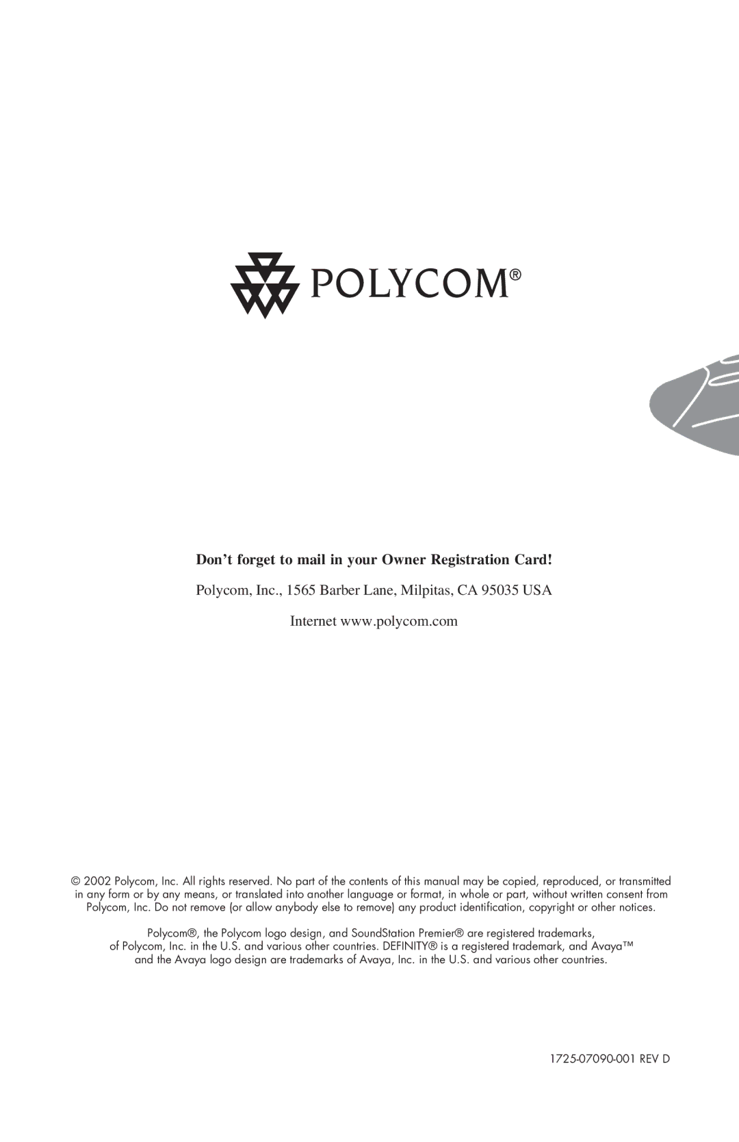 Polycom 550D, 500D installation instructions Don’t forget to mail in your Owner Registration Card 