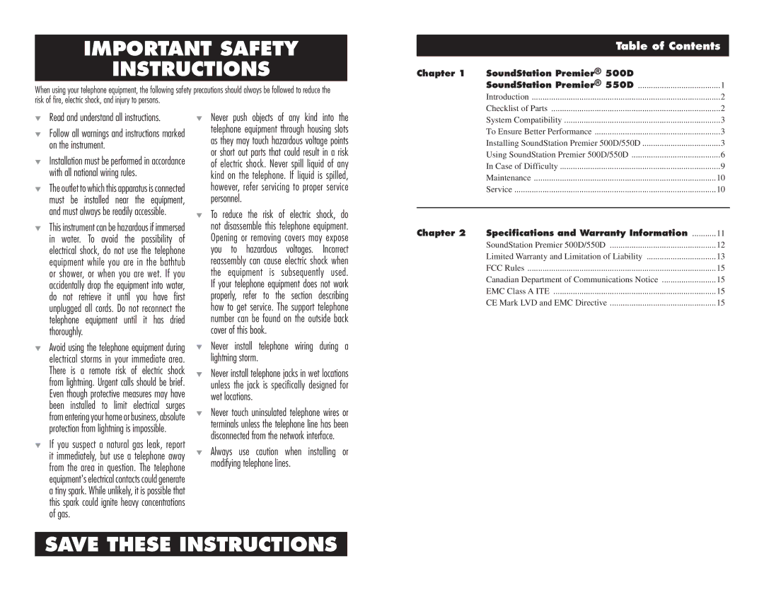 Polycom 500D, 550D installation instructions Important Safety Instructions, Table of Contents 