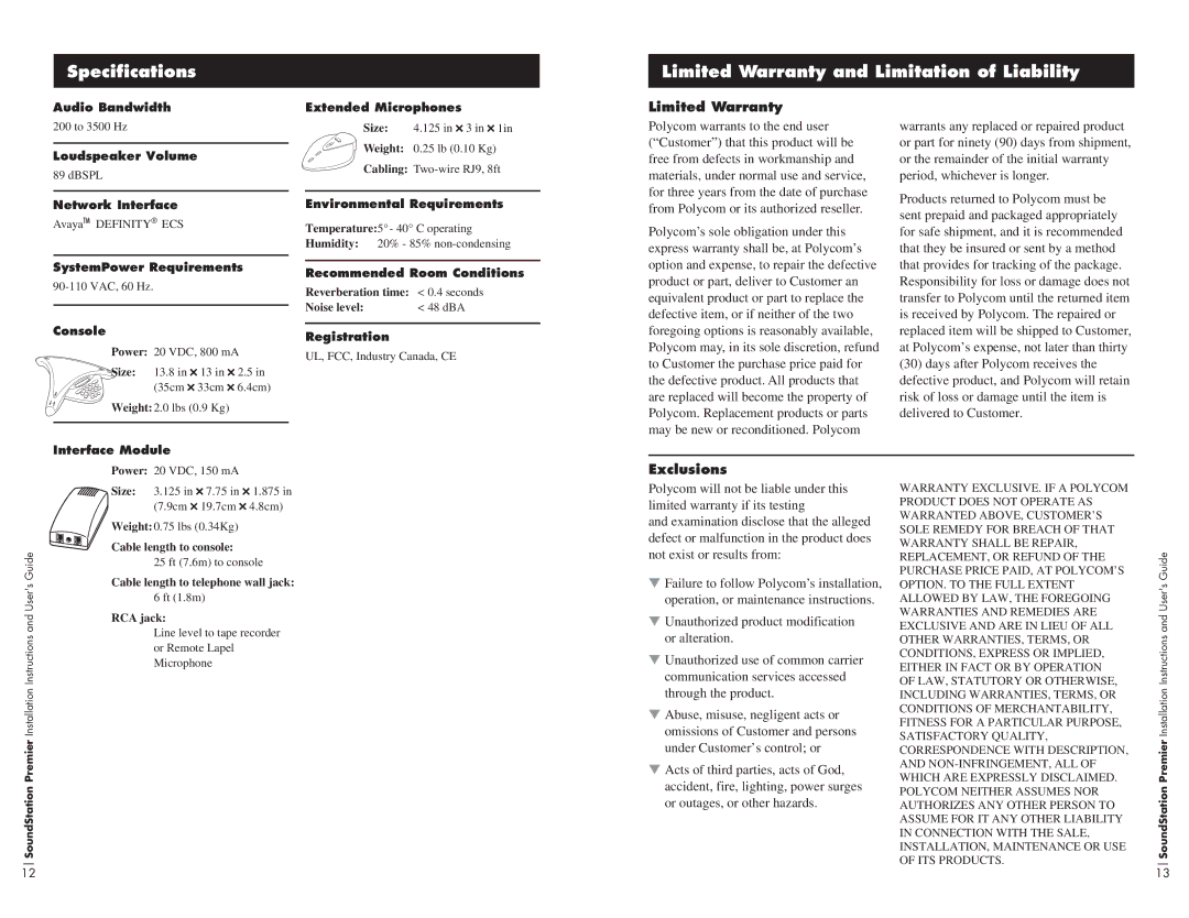 Polycom 550D, 500D installation instructions Specifications Limited Warranty and Limitation of Liability, Exclusions 