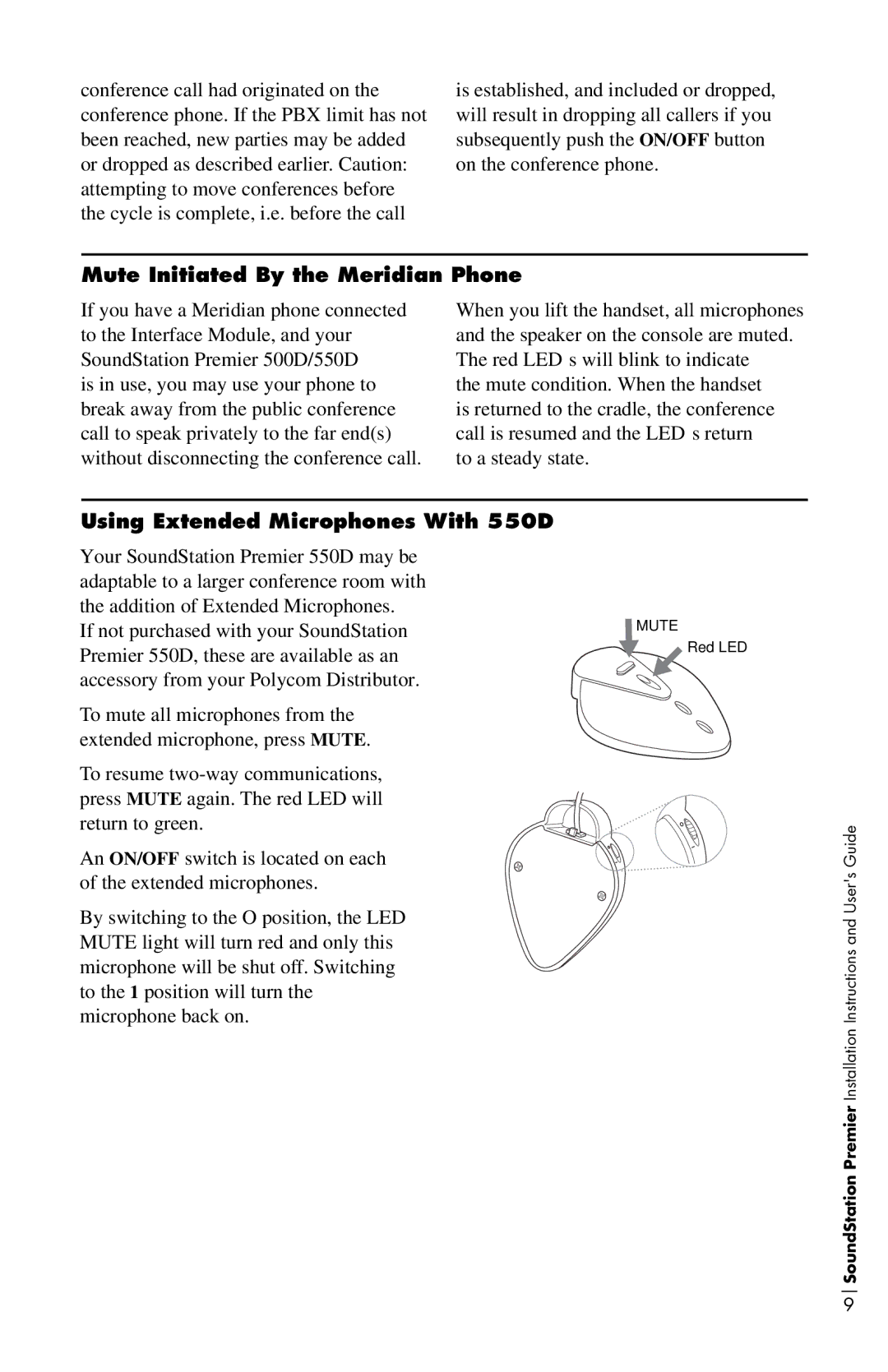 Polycom 500D installation instructions Mute Initiated By the Meridian Phone, Using Extended Microphones With 550D 