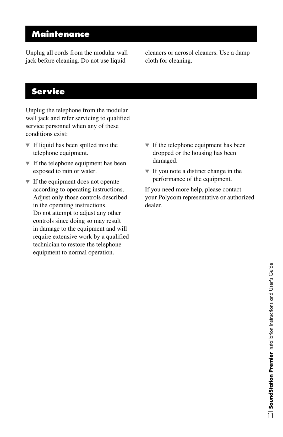 Polycom 550D, 500D installation instructions Maintenance, Service 