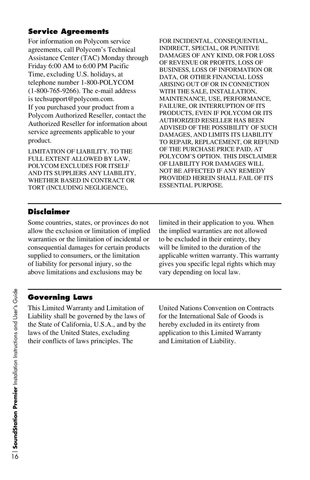 Polycom 500D, 550D installation instructions Service Agreements, Disclaimer, Governing Laws 