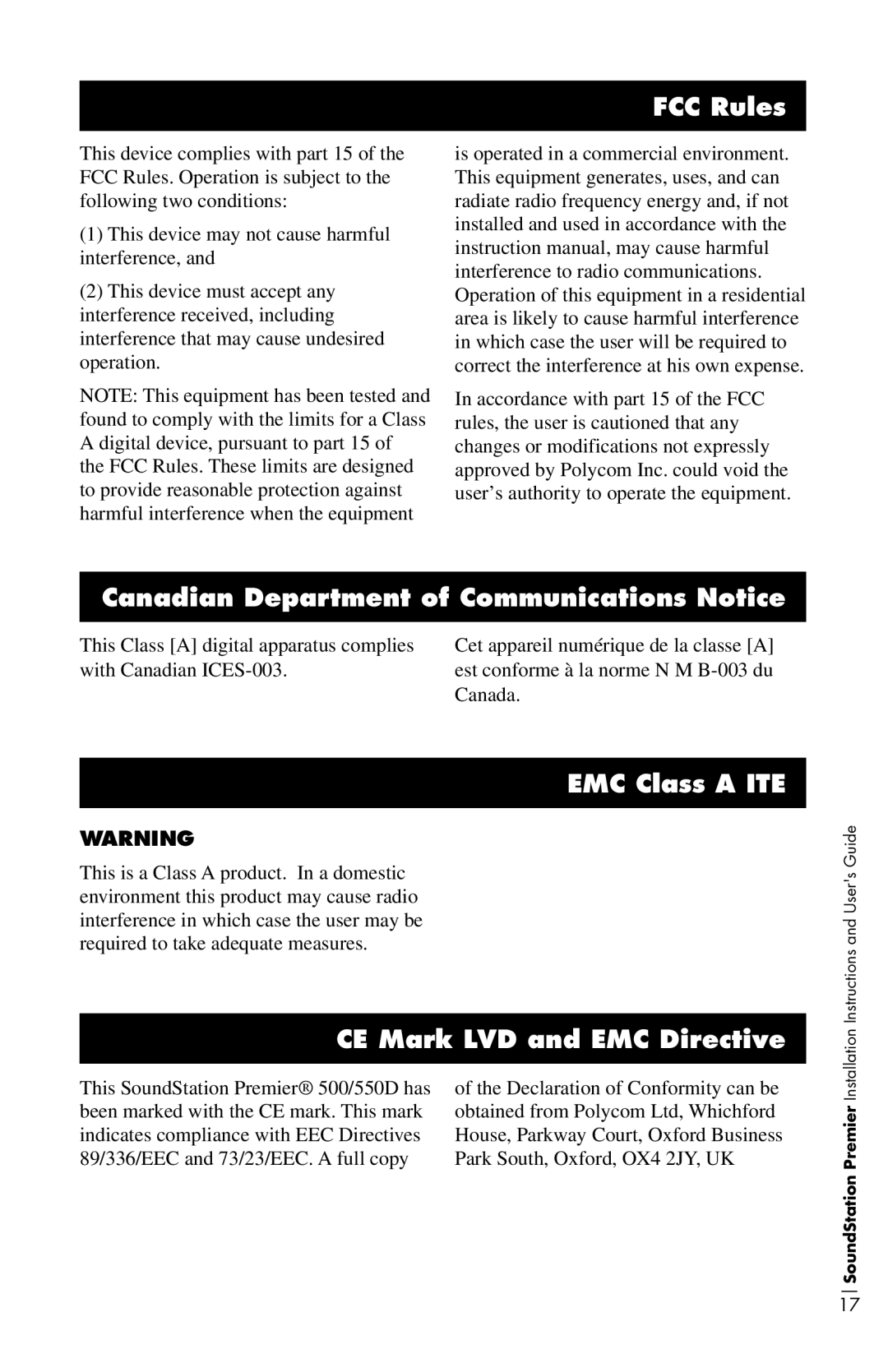 Polycom 550D, 500D FCC Rules, Canadian Department of Communications Notice, EMC Class a ITE, CE Mark LVD and EMC Directive 