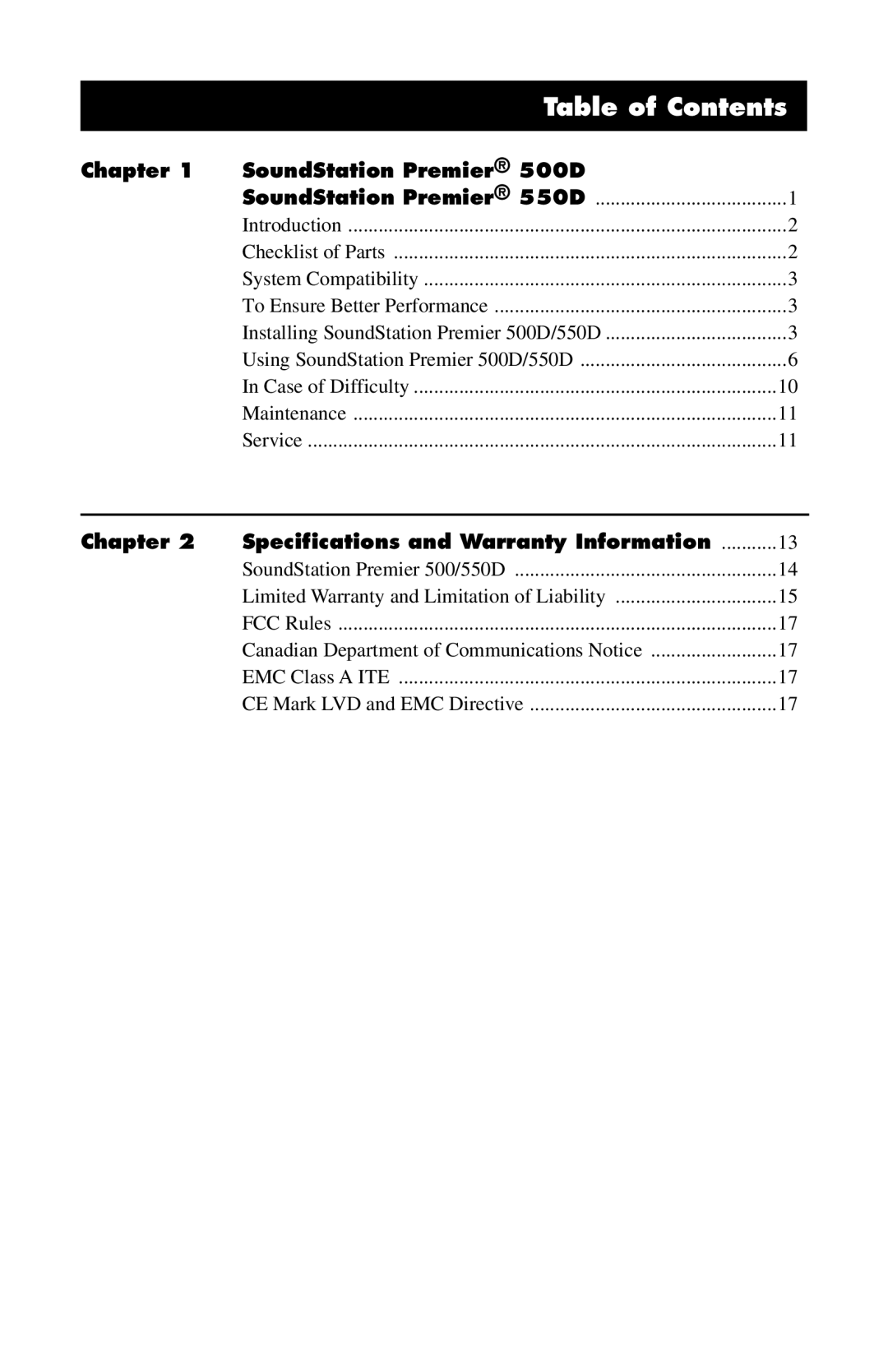 Polycom 550D, 500D installation instructions Table of Contents 