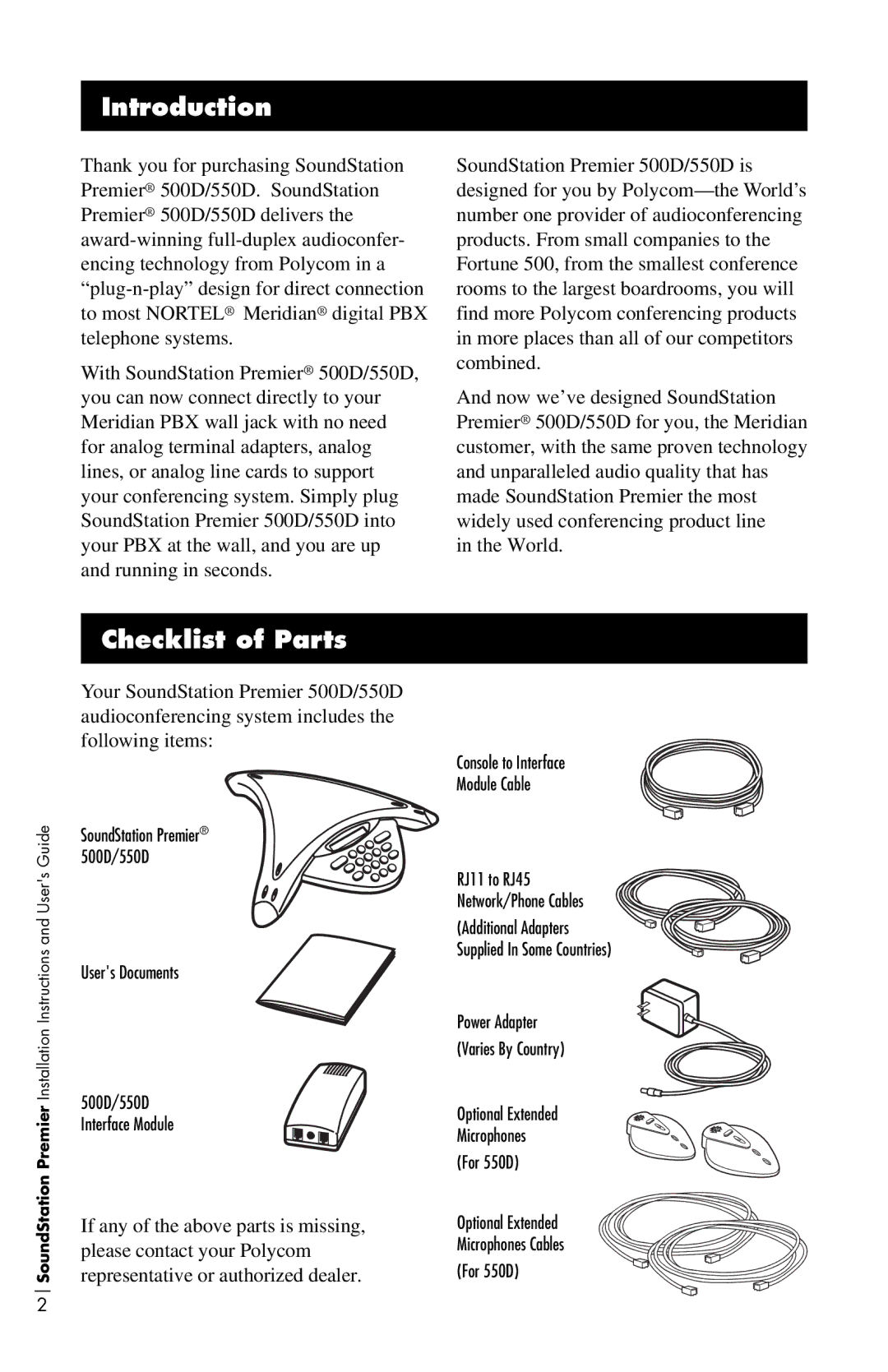 Polycom 500D, 550D installation instructions Introduction, Checklist of Parts 