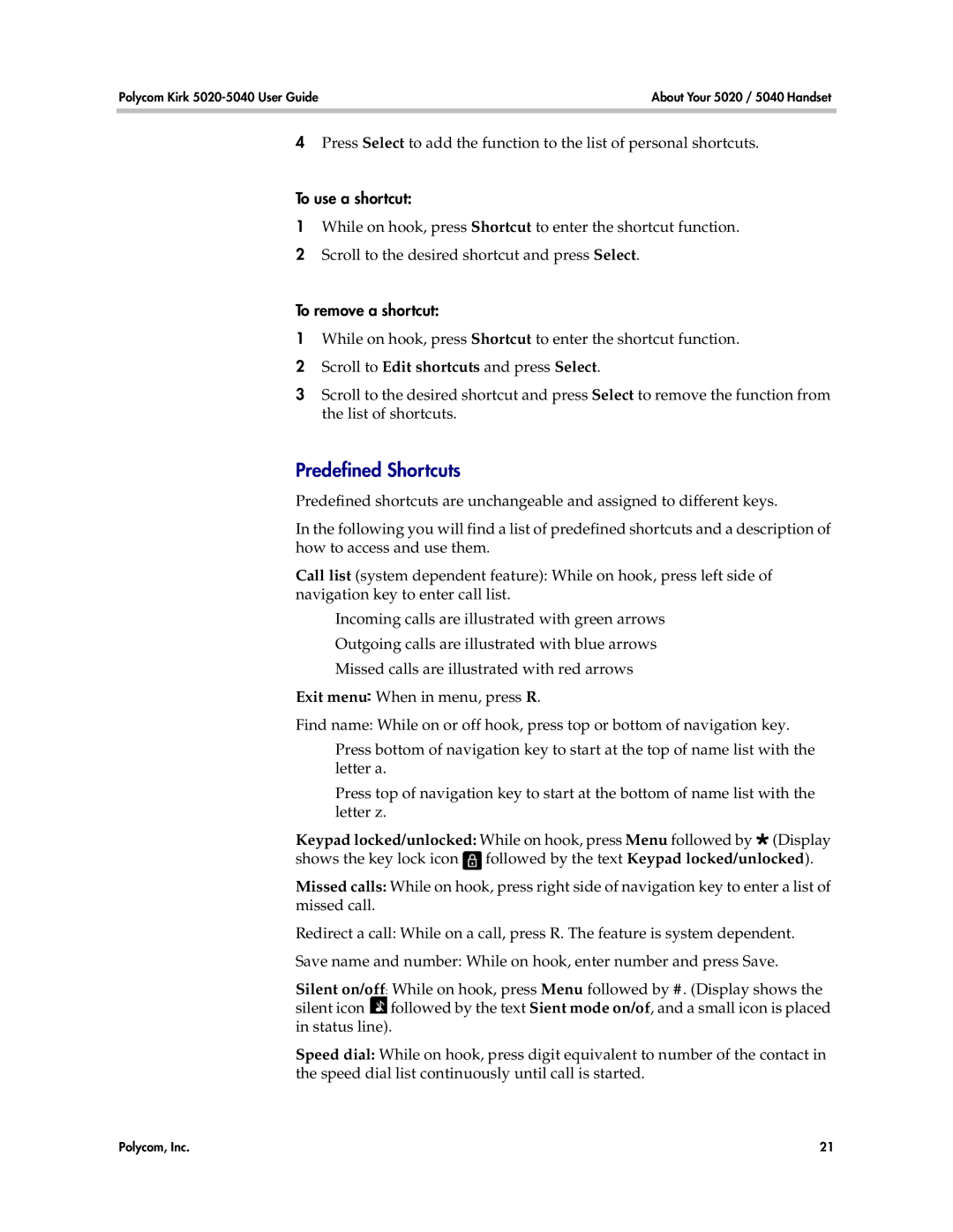 Polycom 5020, 5040 manual To use a shortcut, To remove a shortcut 