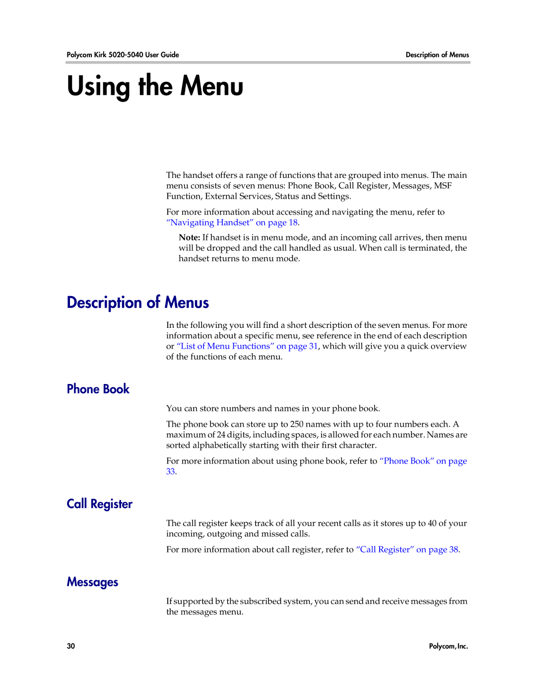 Polycom 5040, 5020 manual Using the Menu, Description of Menus 