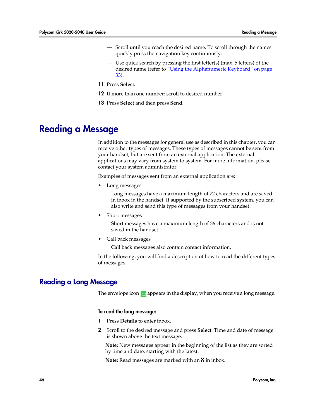 Polycom 5040, 5020 manual Reading a Message, Reading a Long Message, Press Select, To read the long message 