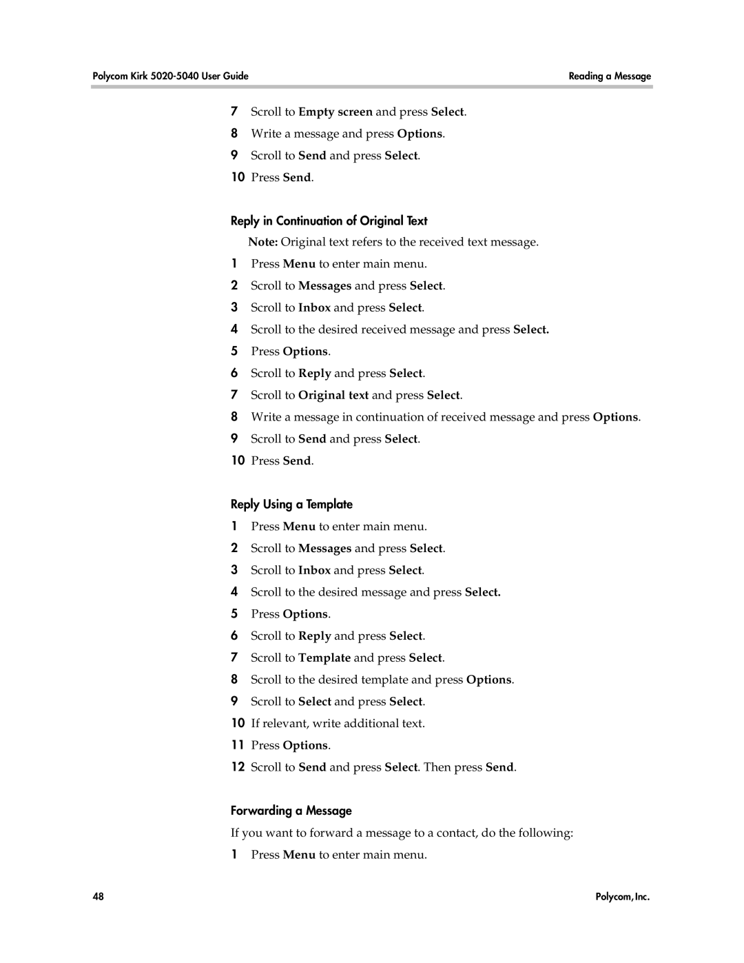 Polycom 5040, 5020 manual Reply in Continuation of Original Text, Reply Using a Template, Forwarding a Message 