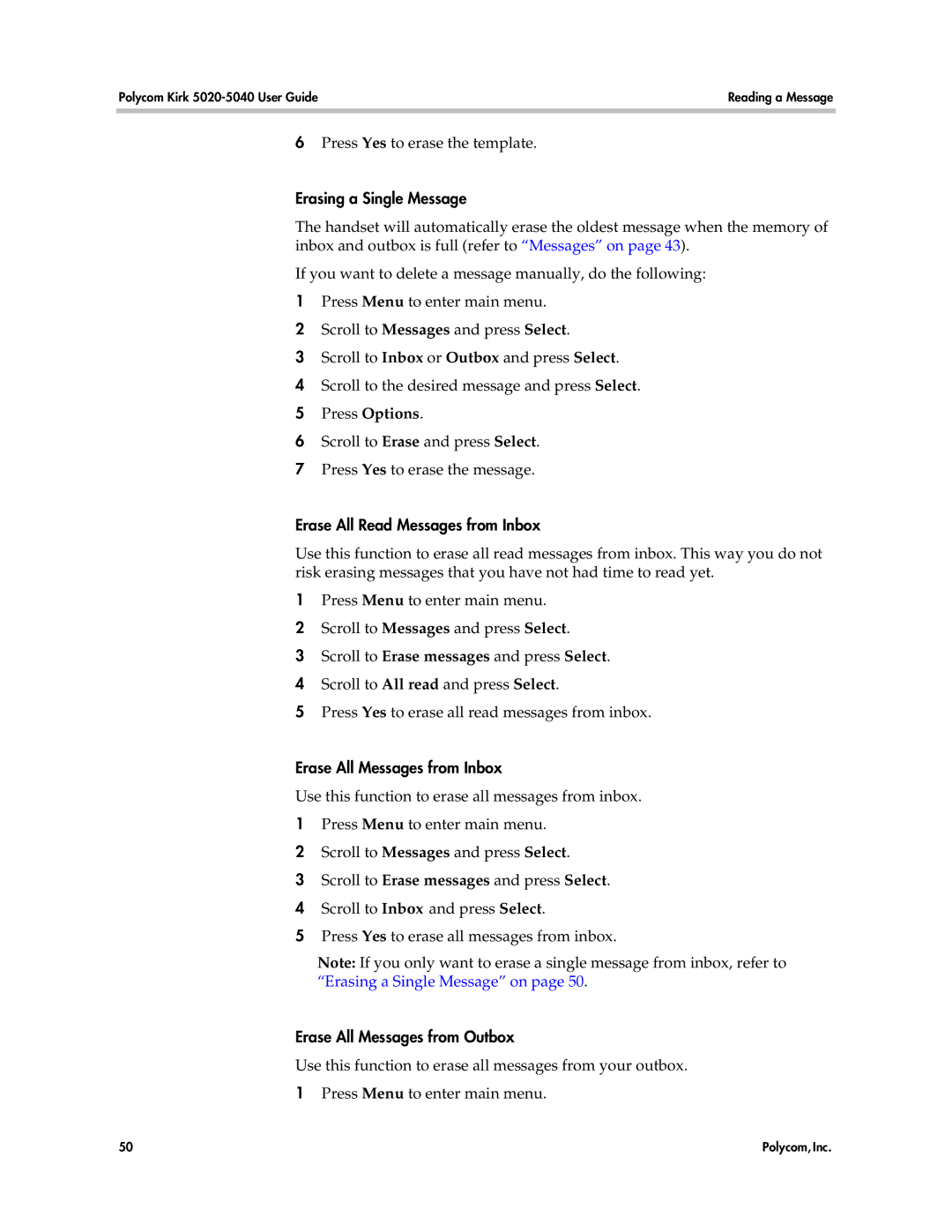 Polycom 5040, 5020 manual Erasing a Single Message, Erase All Read Messages from Inbox, Erase All Messages from Inbox 