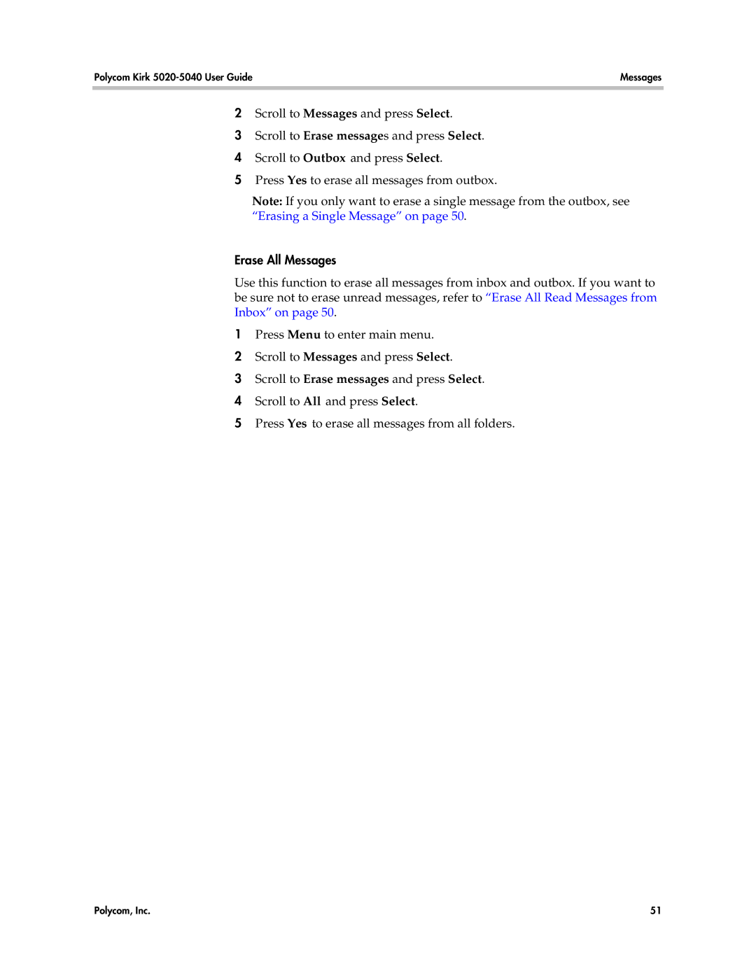 Polycom 5020, 5040 manual Erase All Messages 