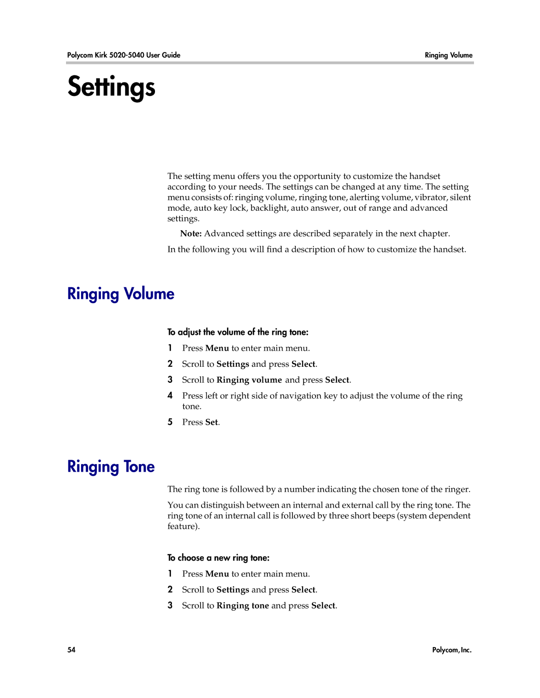 Polycom 5040, 5020 manual Settings, Ringing Volume, To adjust the volume of the ring tone, To choose a new ring tone 