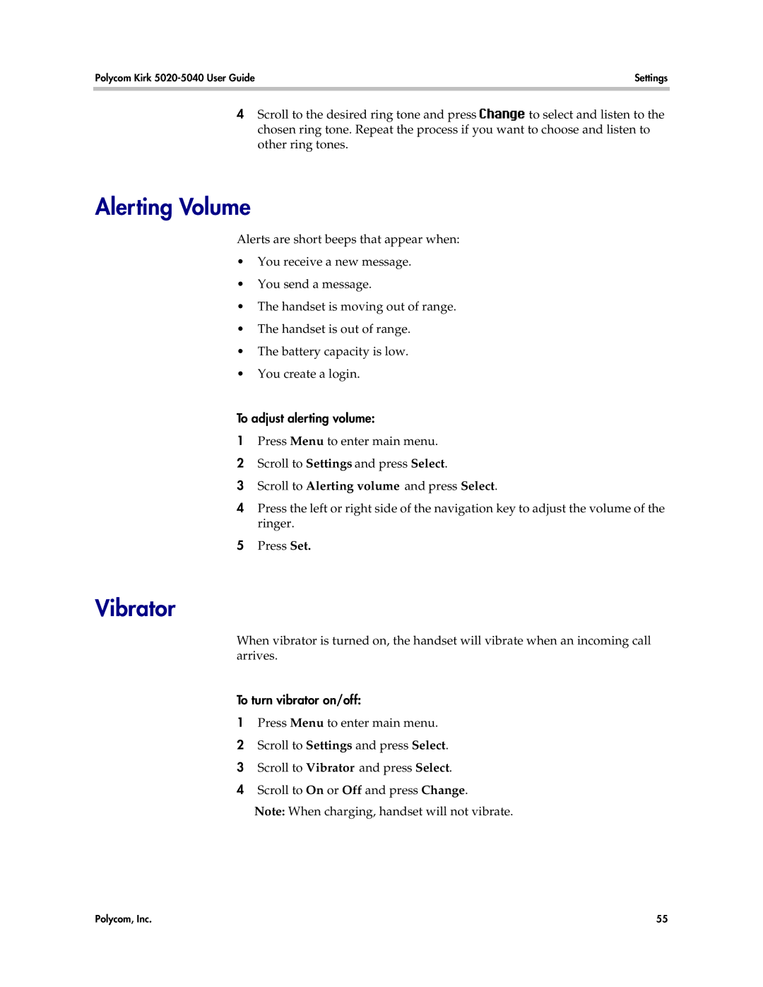 Polycom 5020, 5040 manual Alerting Volume, Vibrator, To adjust alerting volume, Scroll to Alerting volume and press Select 