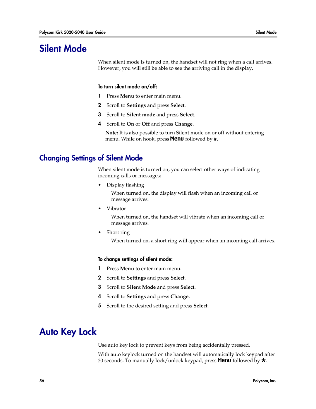 Polycom 5040, 5020 manual Auto Key Lock, Changing Settings of Silent Mode, To turn silent mode on/off 