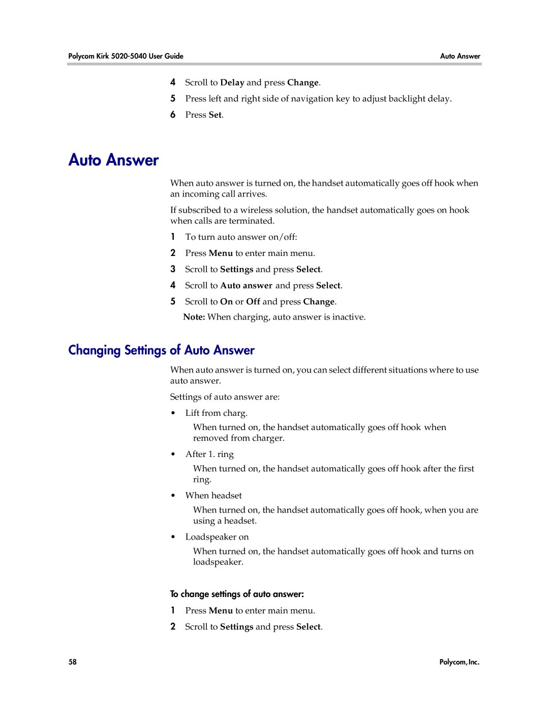 Polycom 5040, 5020 manual Changing Settings of Auto Answer, To change settings of auto answer 