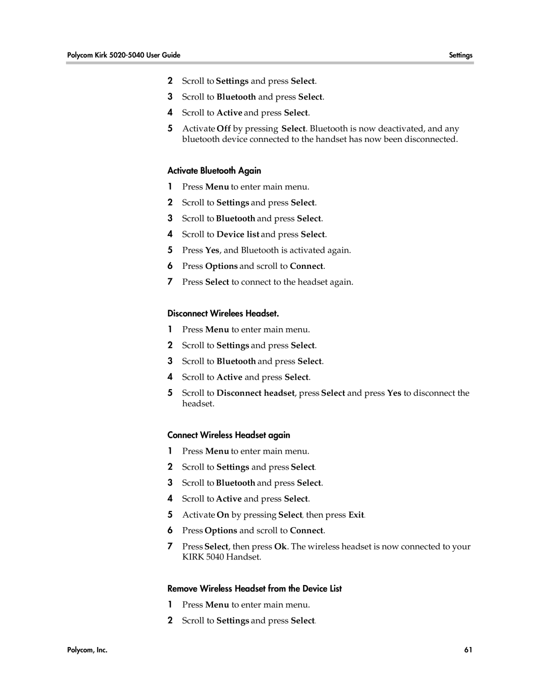 Polycom 5020, 5040 manual Activate Bluetooth Again, Disconnect Wirelees Headset, Connect Wireless Headset again 