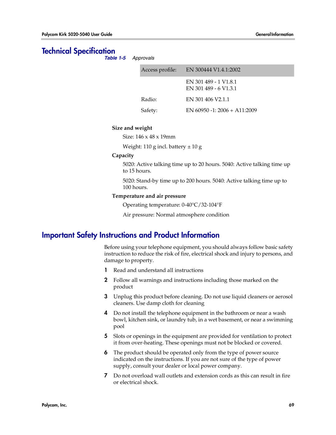 Polycom 5020 Technical Specification, Important Safety Instructions and Product Information, Size and weight, Capacity 