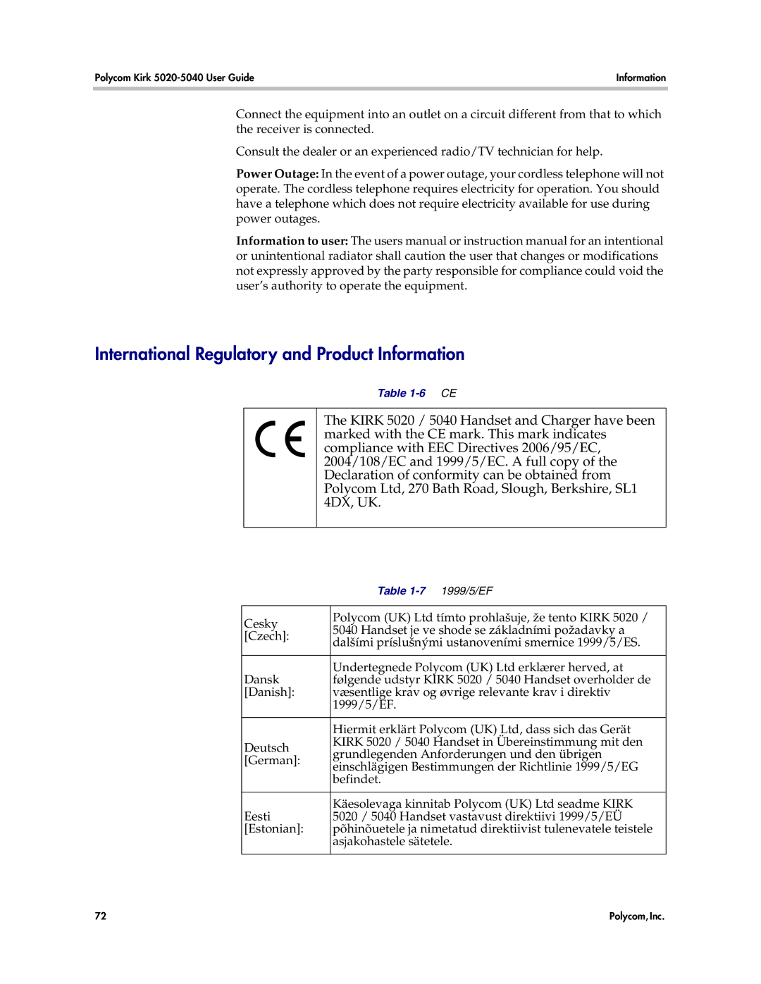 Polycom 5040, 5020 manual International Regulatory and Product Information 