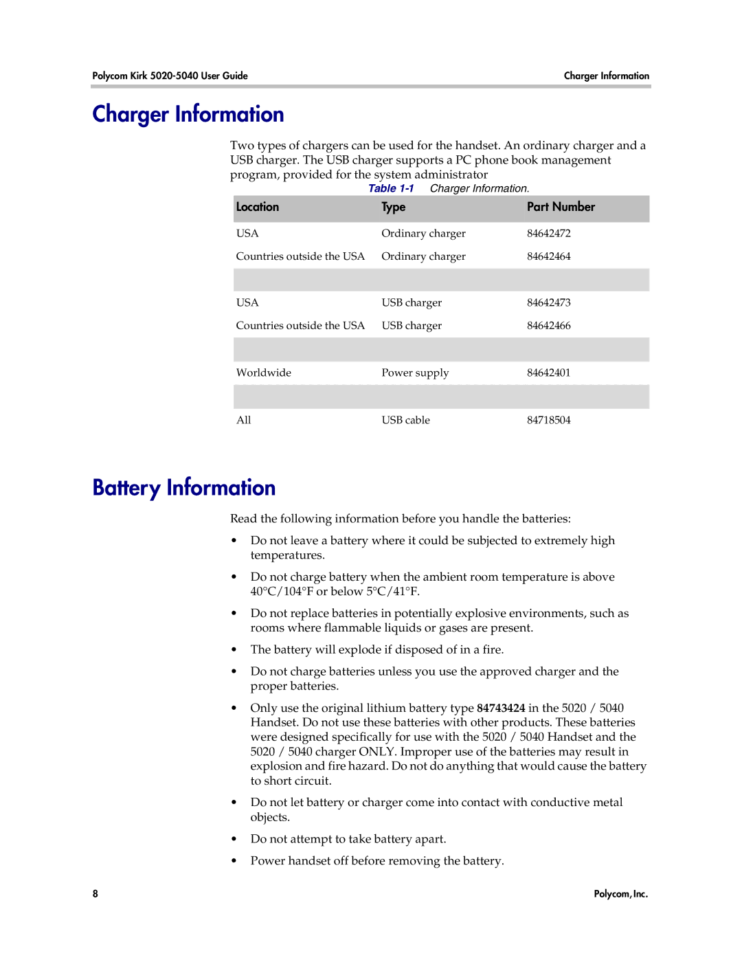 Polycom 5040, 5020 manual Charger Information, Battery Information, Location Type Part Number 