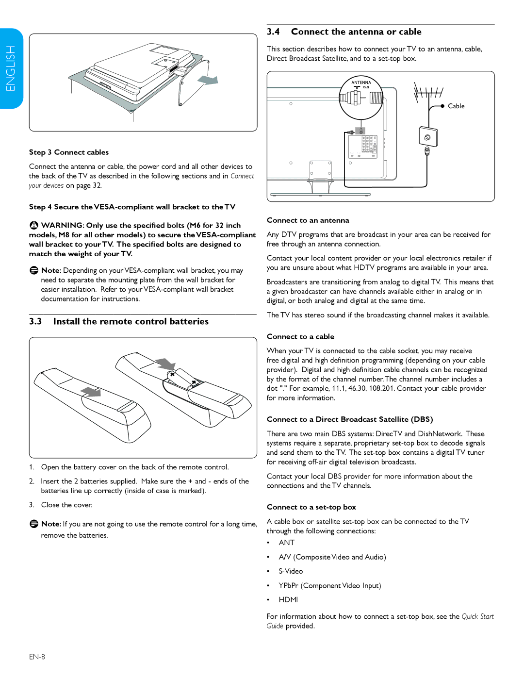 Polycom 52PFL7403D user manual Install the remote control batteries, Connect the antenna or cable 