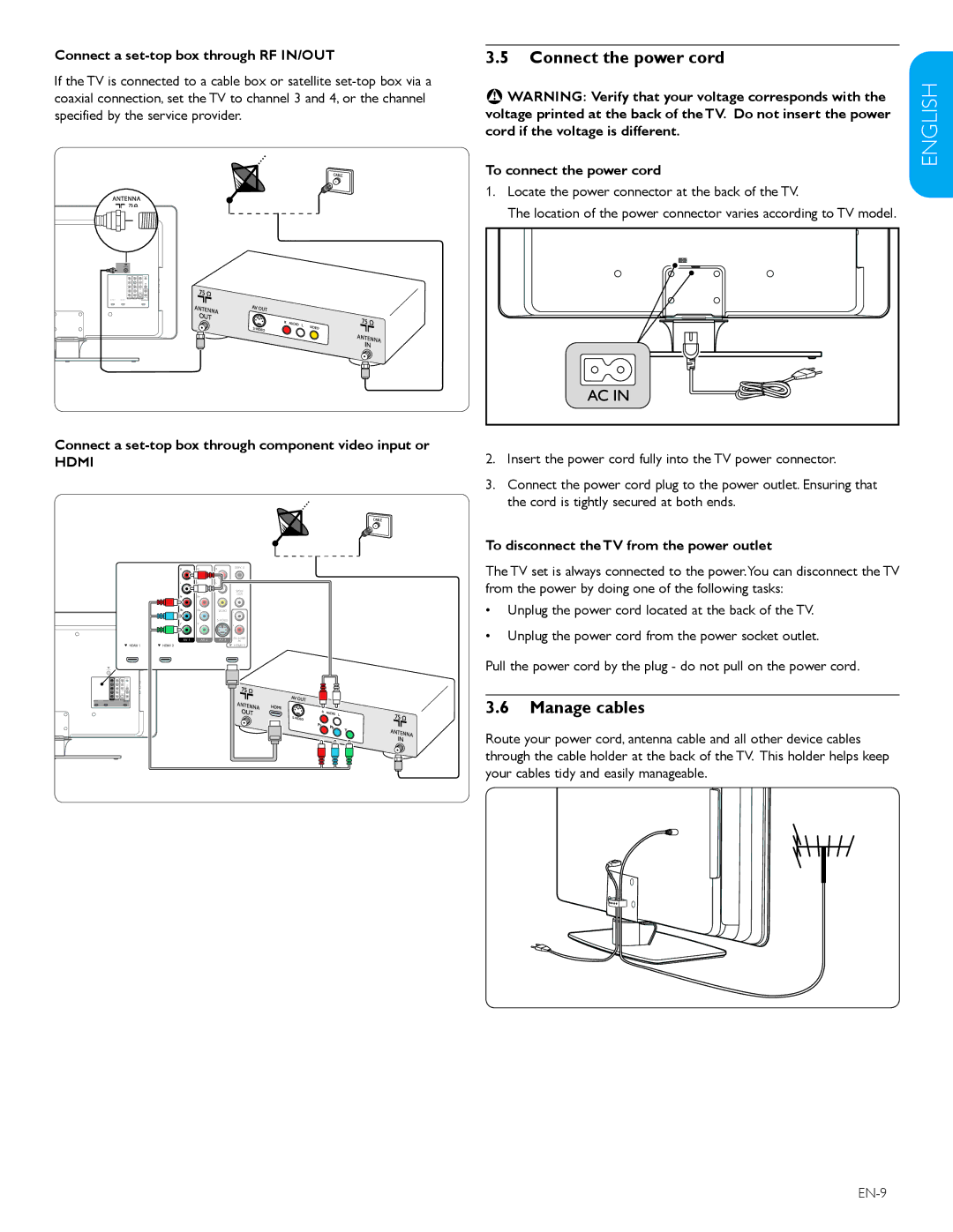 Polycom 52PFL7403D user manual Connect the power cord, Manage cables 