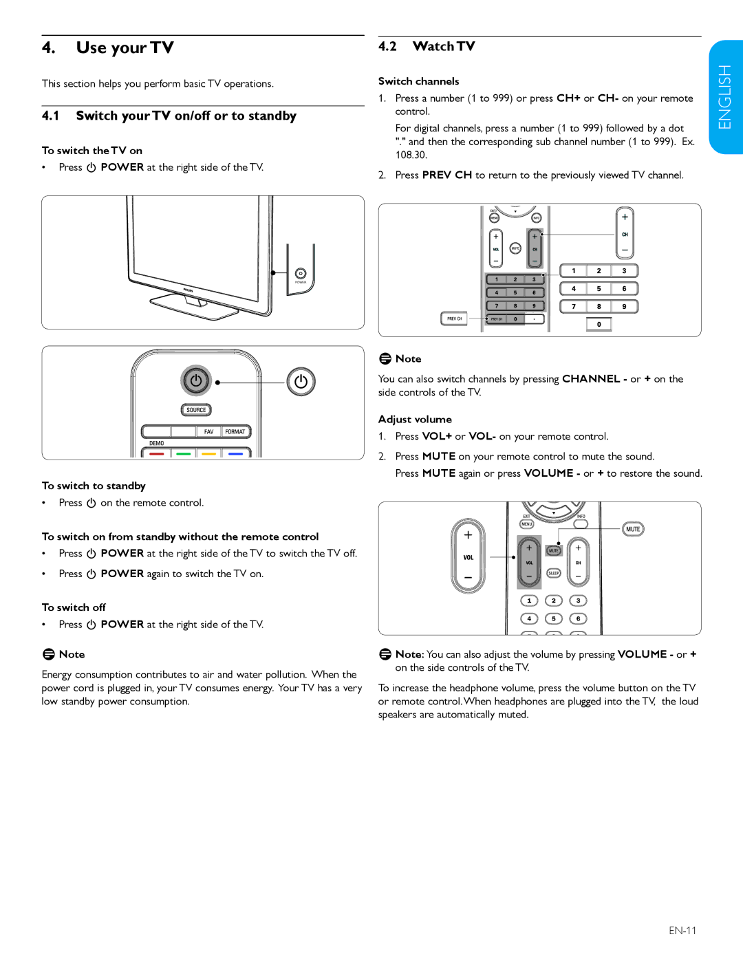 Polycom 52PFL7403D user manual Use your TV, Switch your TV on/off or to standby, Watch TV 