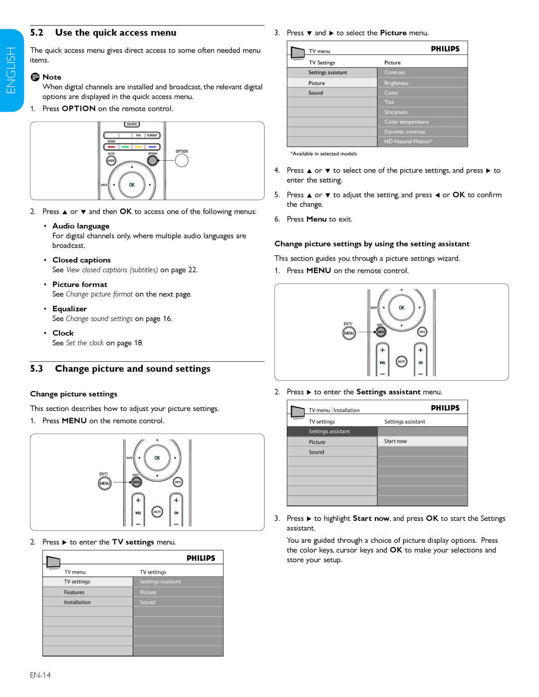 Polycom 52PFL7403D user manual Use the quick access menu, Change picture and sound settings 