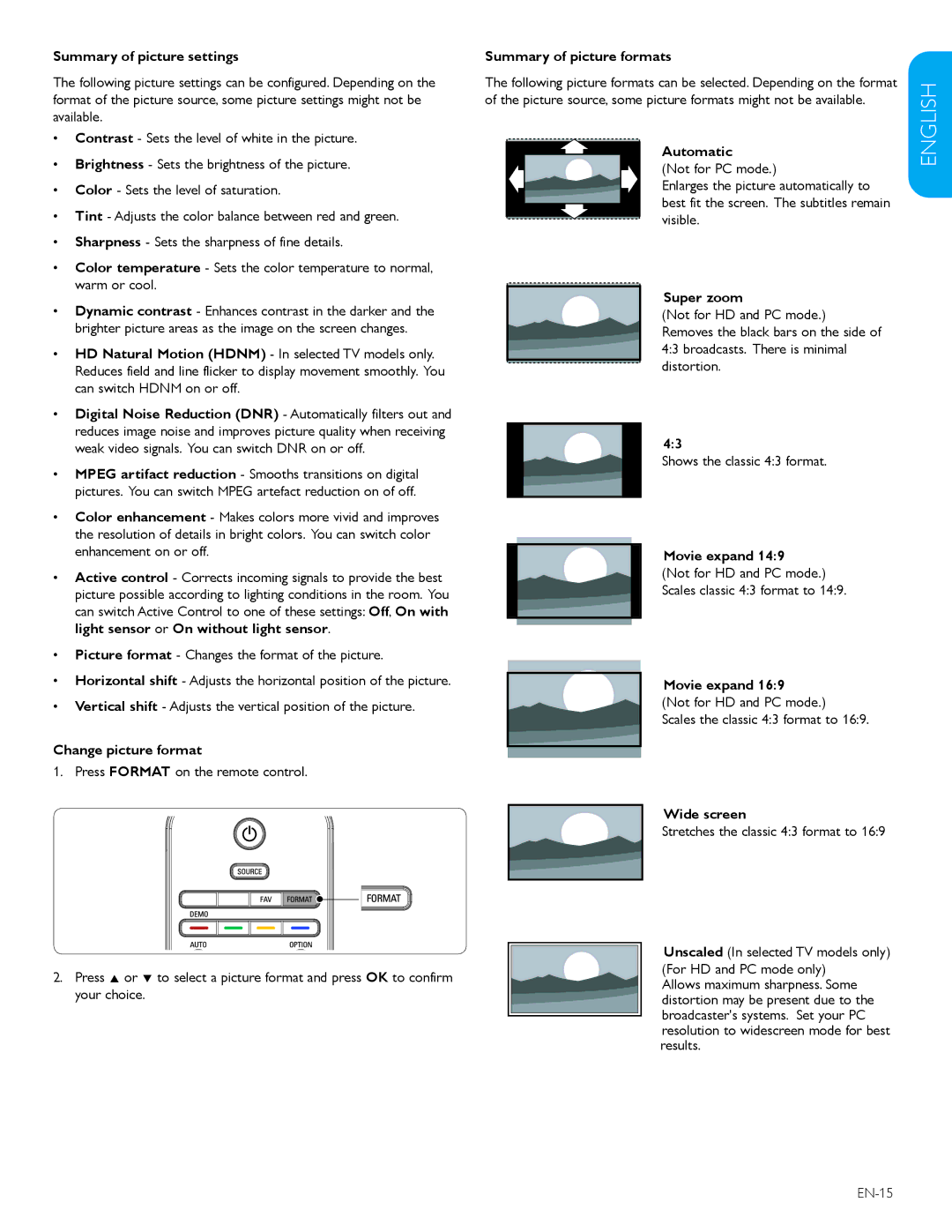 Polycom 52PFL7403D Summary of picture settings, Change picture format, Summary of picture formats, Automatic, Super zoom 