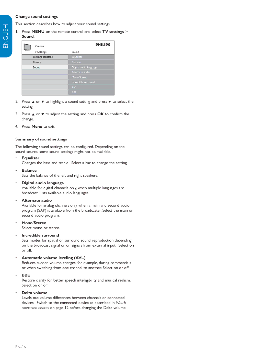 Polycom 52PFL7403D Change sound settings, Summary of sound settings, Balance, Digital audio language, Alternate audio 