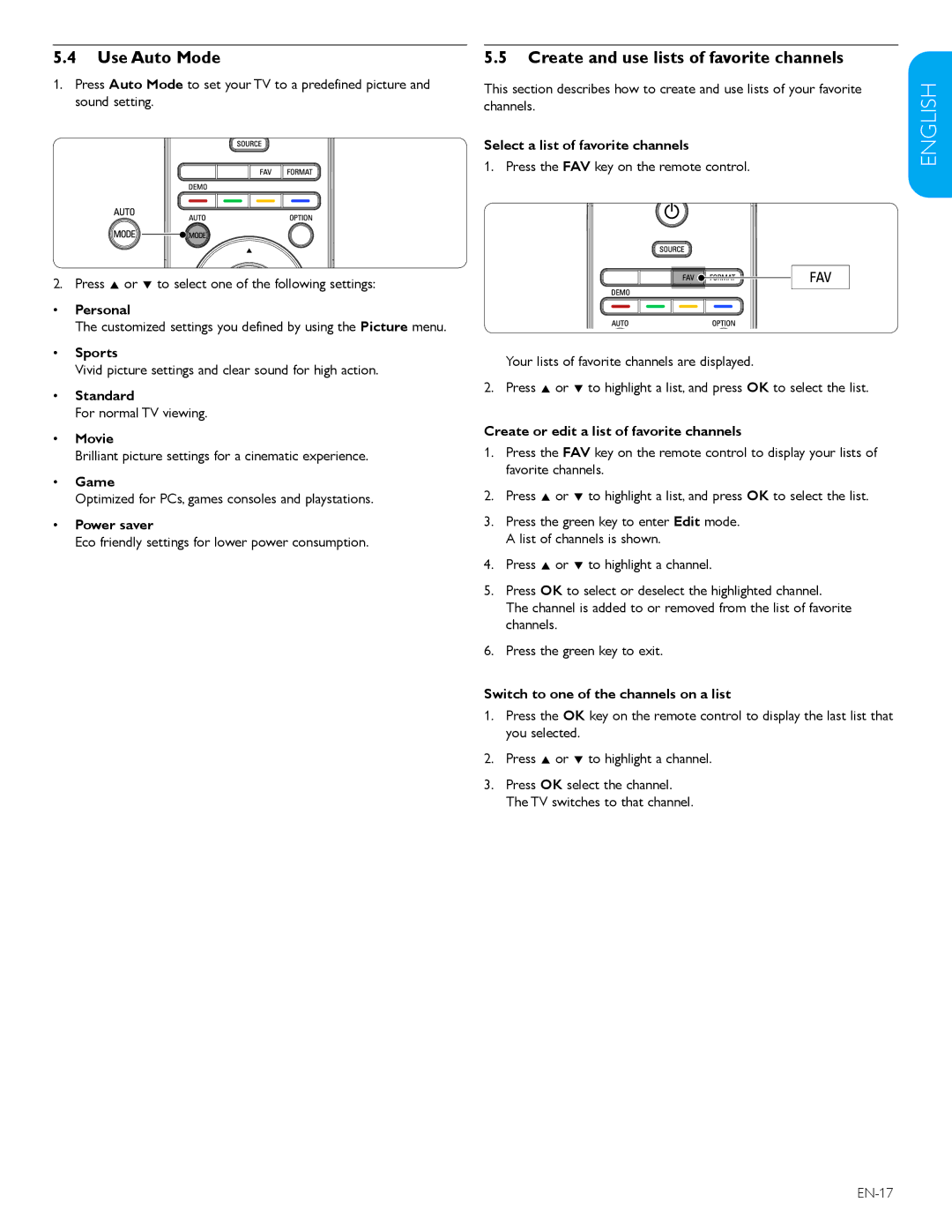 Polycom 52PFL7403D user manual Use Auto Mode, Create and use lists of favorite channels 