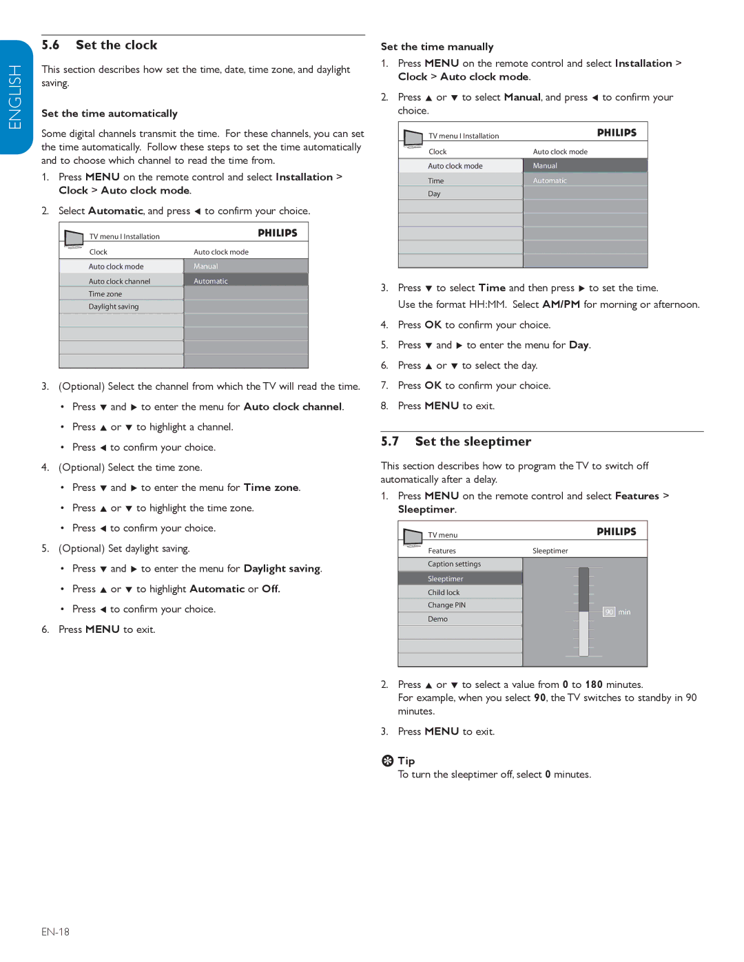 Polycom 52PFL7403D user manual Set the clock, Set the sleeptimer 