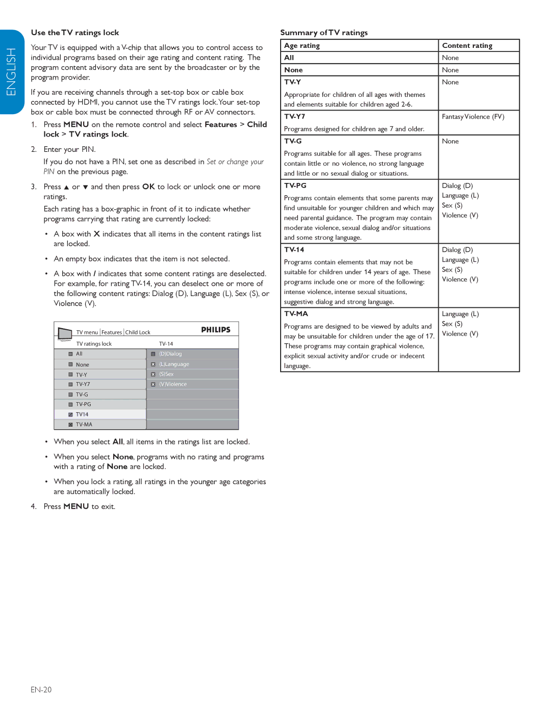 Polycom 52PFL7403D user manual Use the TV ratings lock, Summary of TV ratings, EN-20 