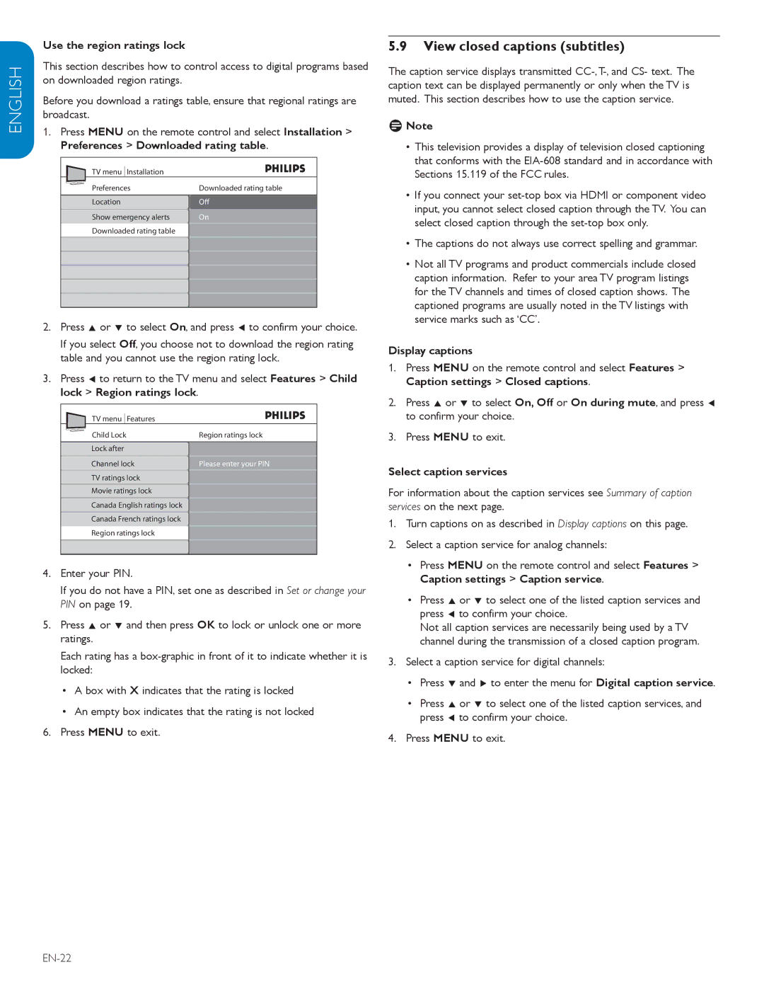 Polycom 52PFL7403D View closed captions subtitles, Use the region ratings lock, Preferences Downloaded rating table 