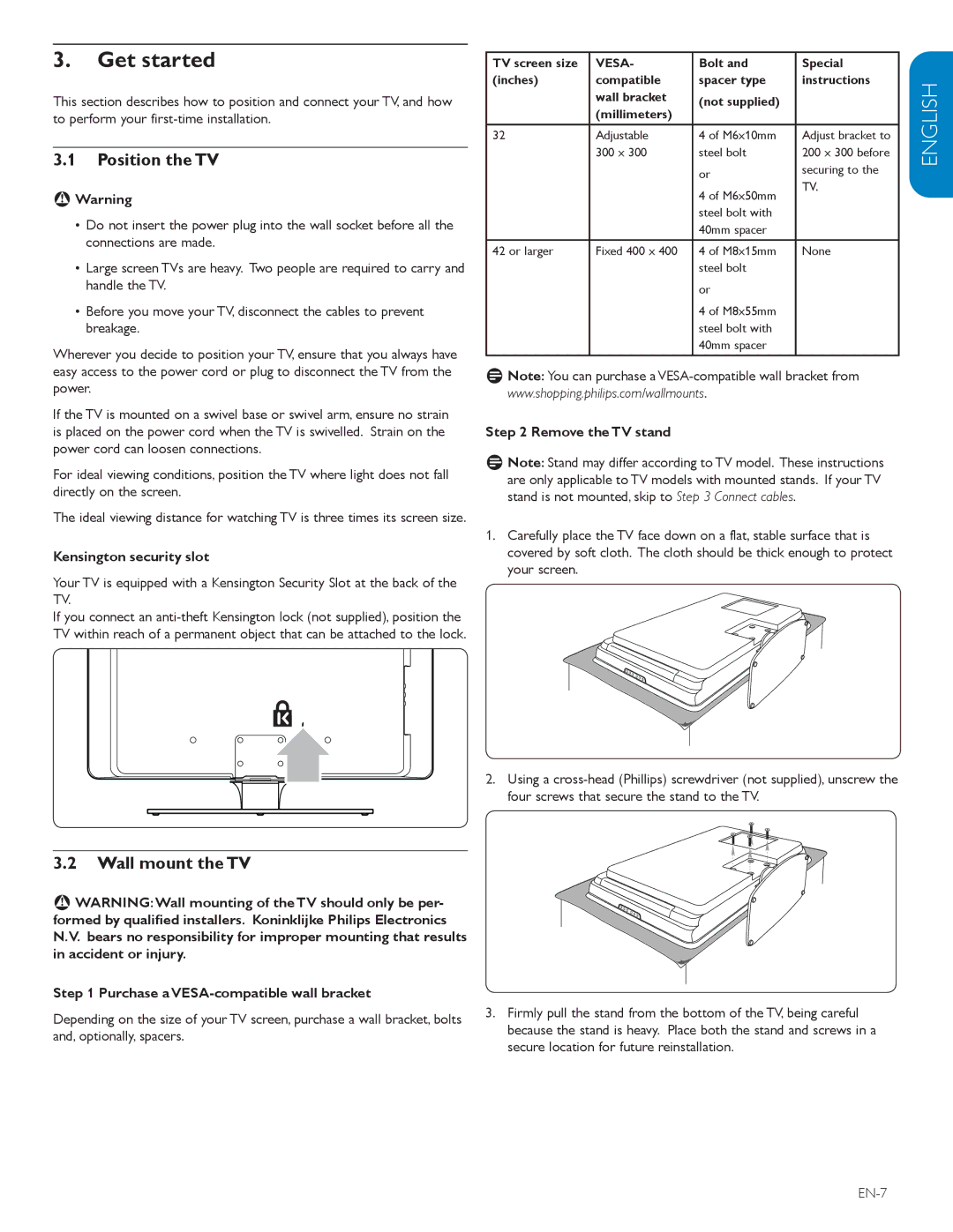 Polycom 52PFL7403D user manual Get started, Position the TV, Wall mount the TV 