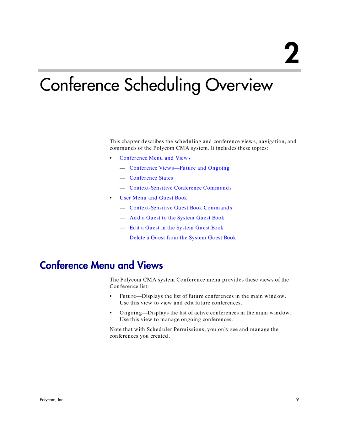 Polycom 5.3 manual Conference Menu and Views, Polycom CMA system Conference menu provides these views, Conference list 