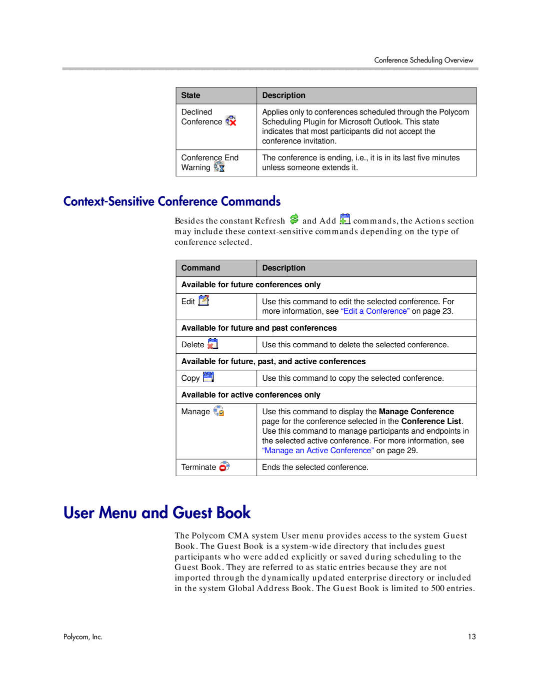 Polycom 5.3 manual User Menu and Guest Book, Context-Sensitive Conference Commands 