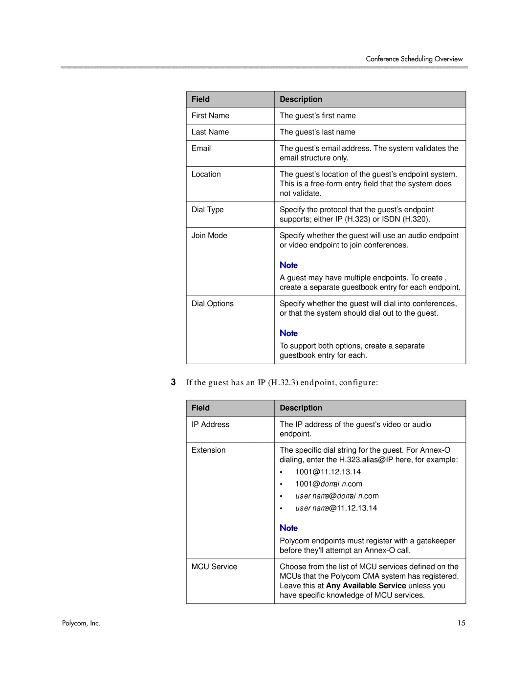 Polycom 5.3 manual If the guest has an IP H.32.3 endpoint, configure, Username @domain .com 