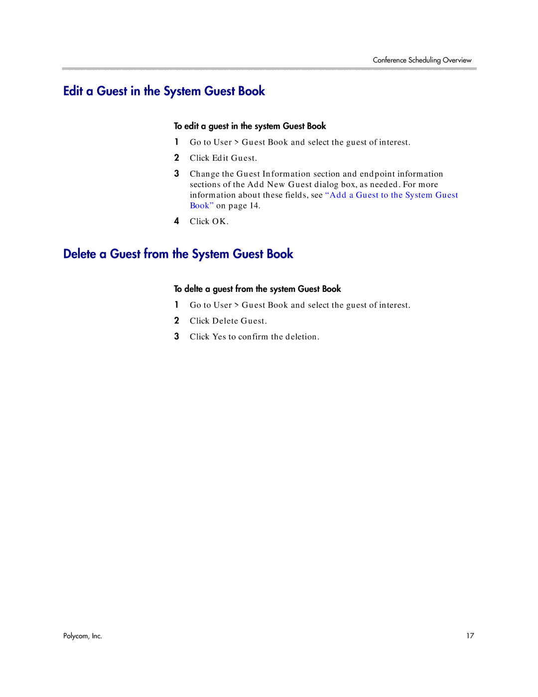 Polycom 5.3 manual Edit a Guest in the System Guest Book, Delete a Guest from the System Guest Book, Click Edit Guest 