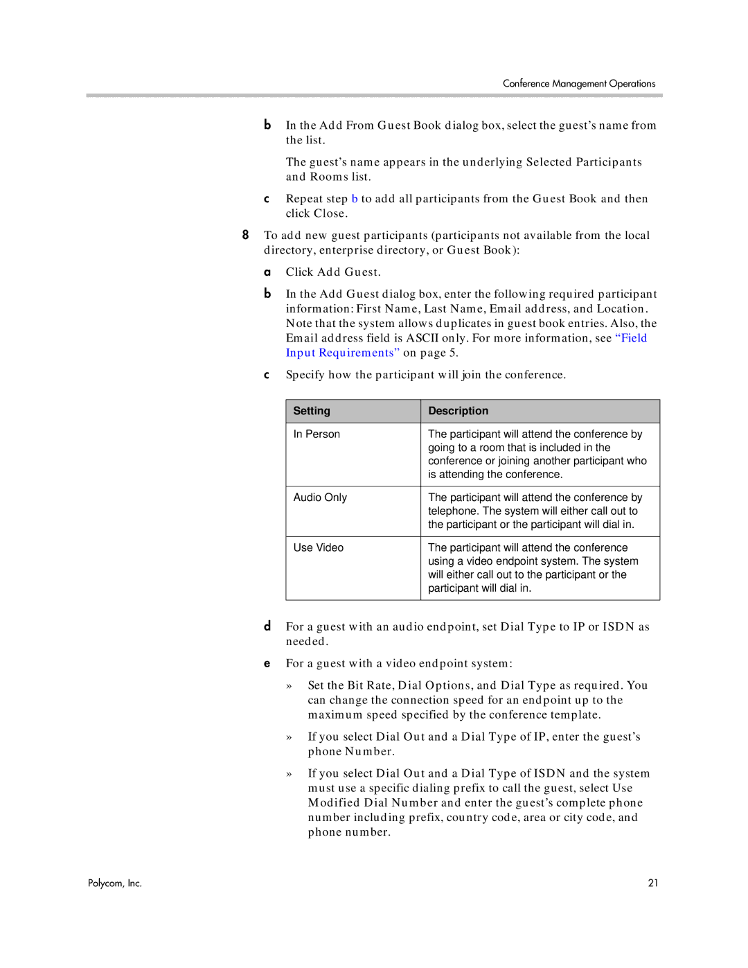 Polycom 5.3 manual Click Add Guest, Setting Description 