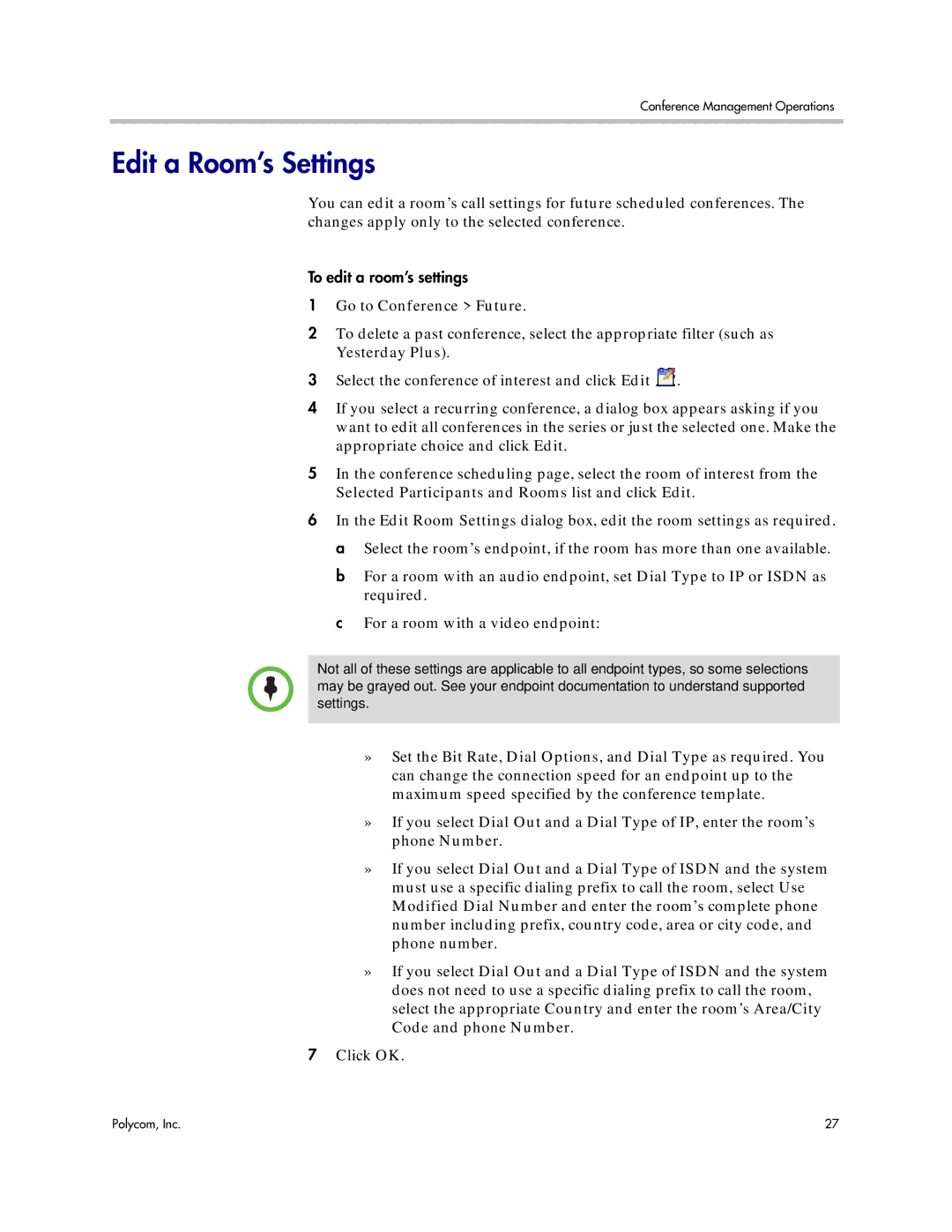 Polycom 5.3 manual Edit a Room’s Settings 