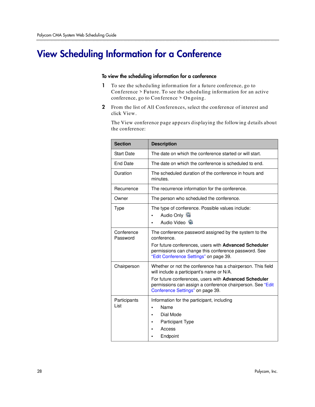 Polycom 5.3 manual View Scheduling Information for a Conference, Edit Conference Settings on 