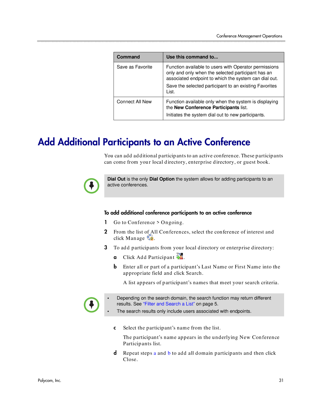 Polycom 5.3 manual Add Additional Participants to an Active Conference, New Conference Participants list 