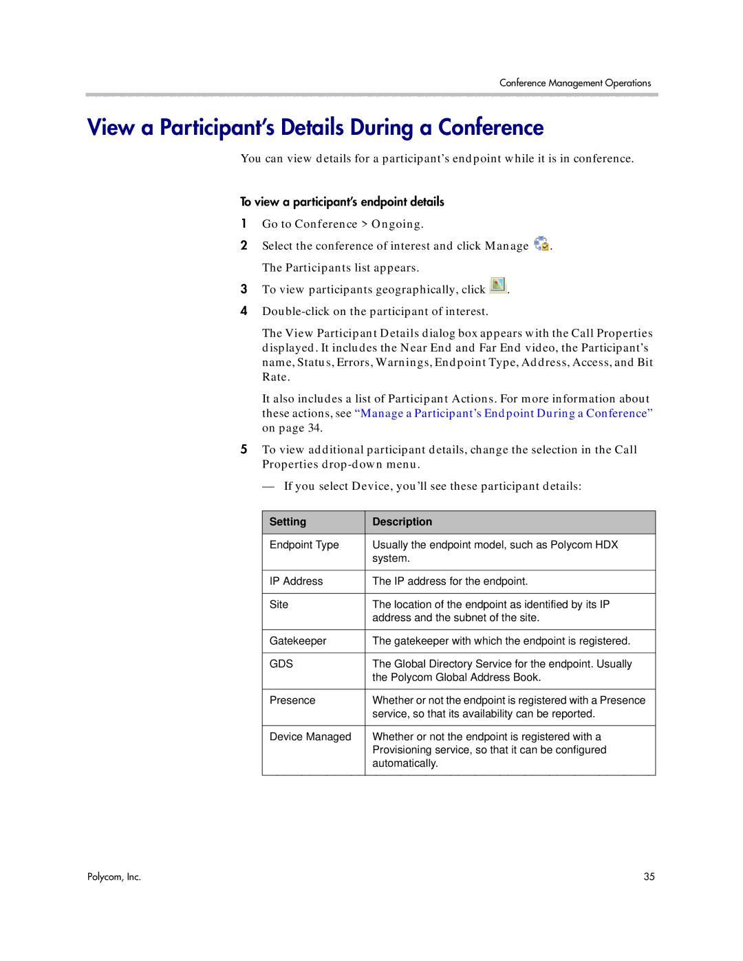 Polycom 5.3 manual View a Participant’s Details During a Conference, Gds 