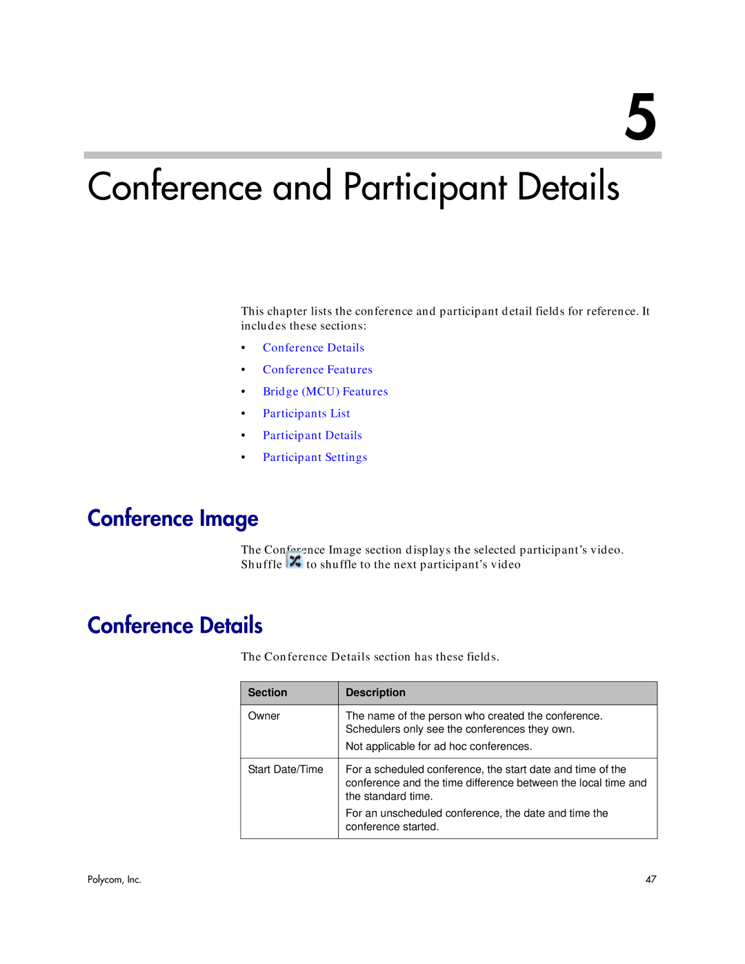 Polycom 5.3 manual Conference Image, Conference Details section has these fields 