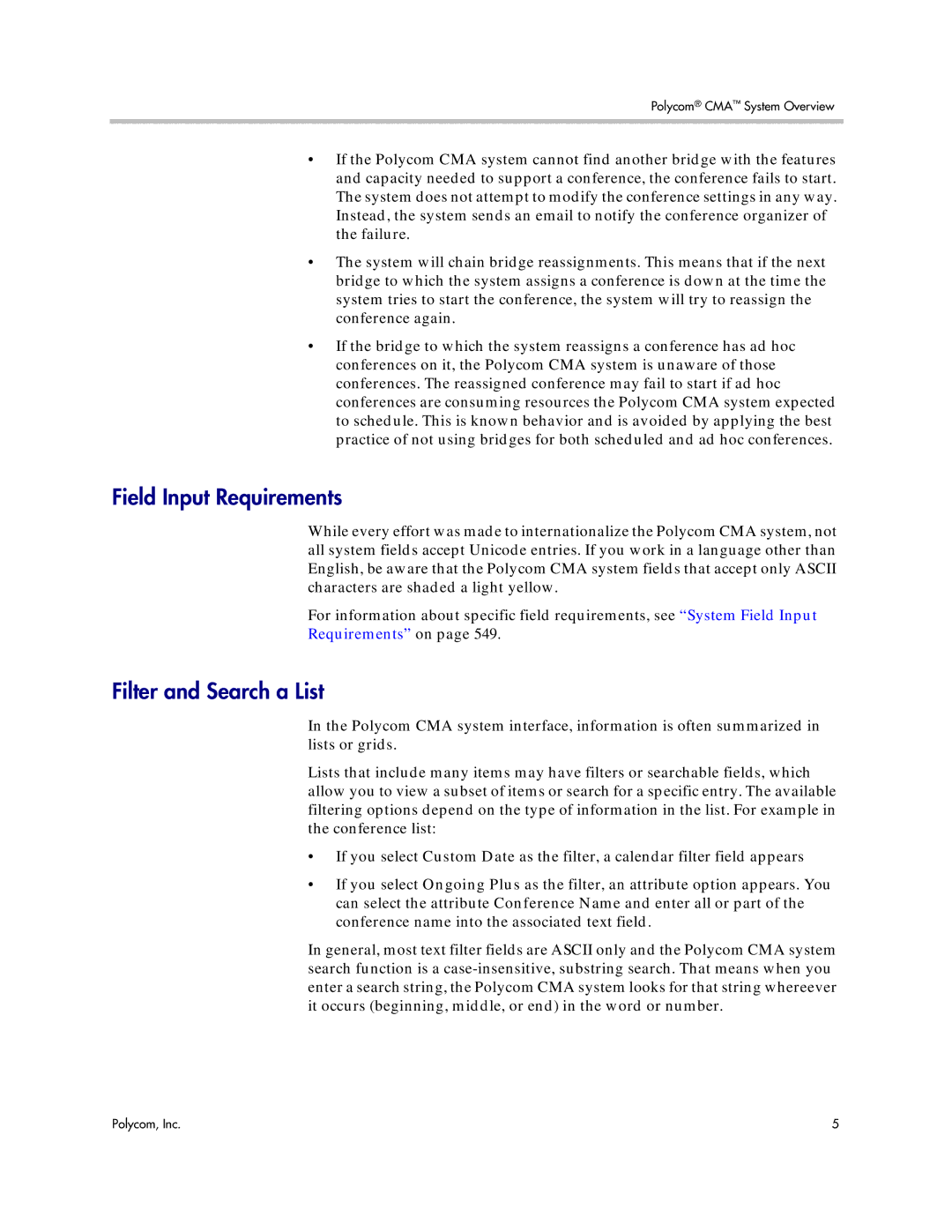 Polycom 5.3 manual Field Input Requirements, Filter and Search a List 