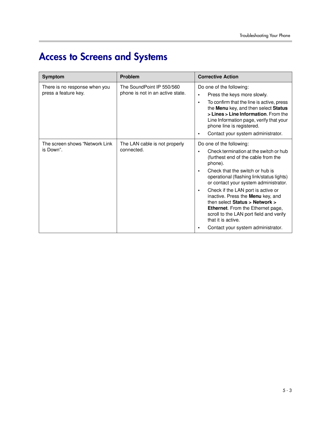 Polycom 550 manual Access to Screens and Systems, Lines Line Information. From, Then select Status Network 