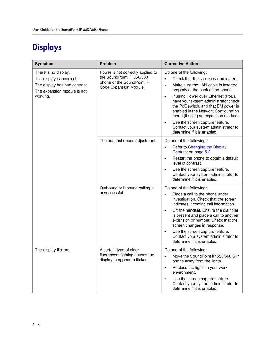 Polycom 550 manual Displays, Contrast on 