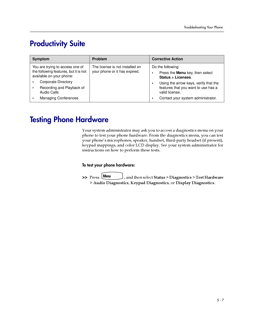 Polycom 550 manual Productivity Suite, Testing Phone Hardware, Status Licenses 